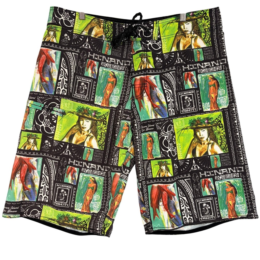 Hinano Tahiti Men's Tropical Graphic Board Shorts Black Green Size 36 Surf Tiki